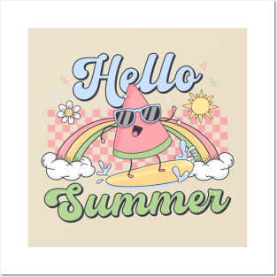 Hello Summer Vibes Cute Watermelon Surfing Posters and Art